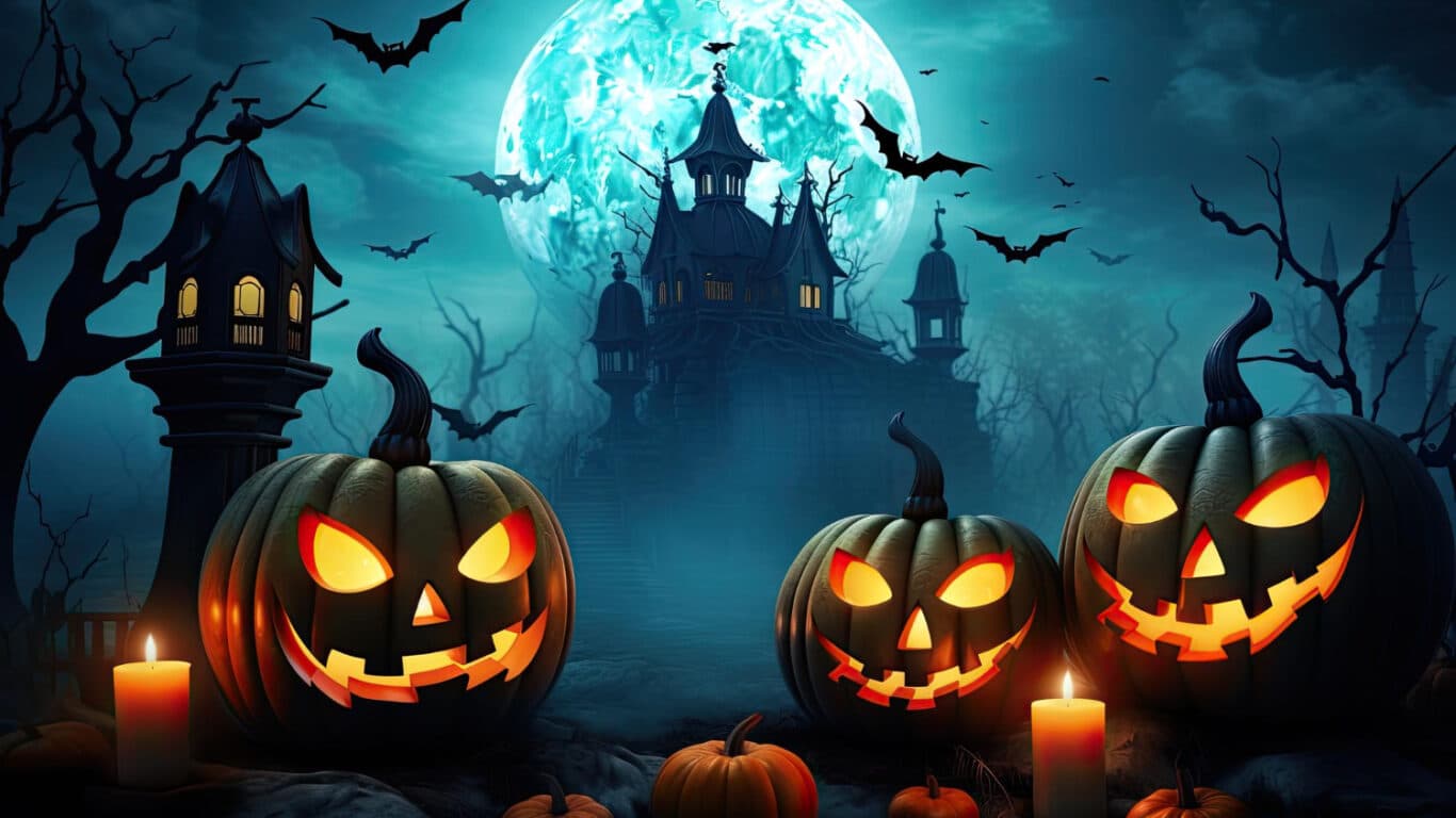 halloween background with scary pumpkins candles graveyard night with castle background 1366x768 fp mm fpoff 0 0